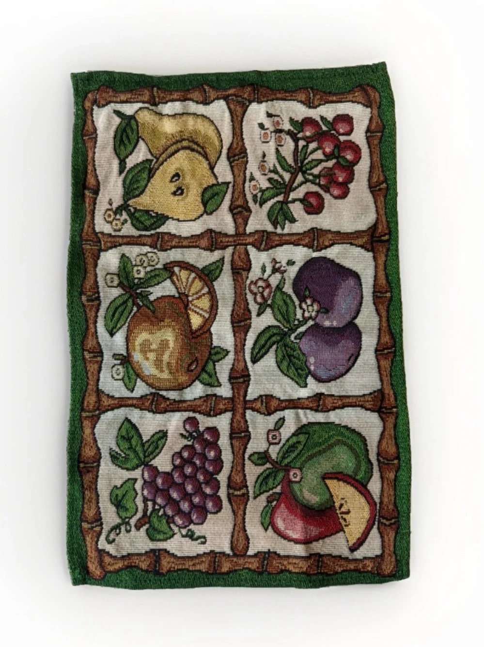 Vintage Woven Tapestry Placemats Set of 2 Fruit Bamboo Border Cottagecore